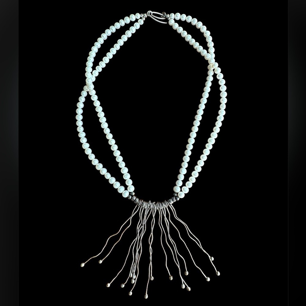 Modernist Sterling Silver Branch Coral Cultured Pearl Vintage Statement Necklace